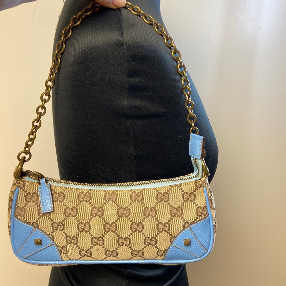 Gucci Vintage Guccisimo Pochette Leather Canvas Bag Chain Strap EXC